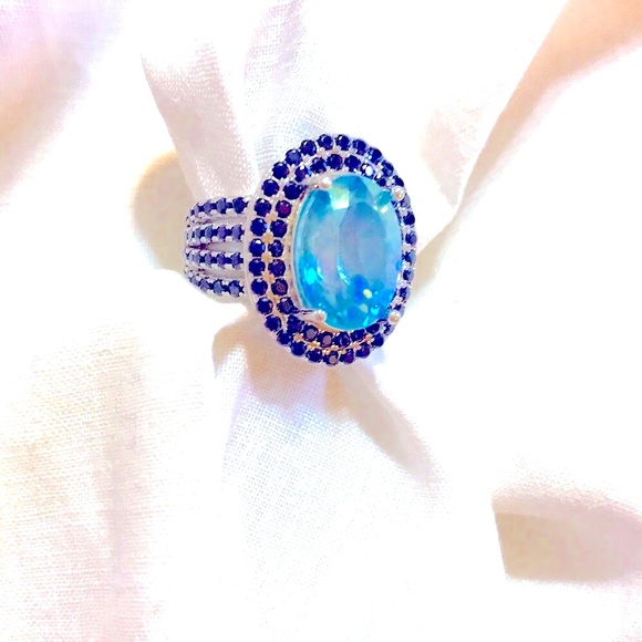Ring 925 Blue Topaz Black Spinel 6.5 NWOT gorgeous stones heavy sterling setting - Picture 5 of 9